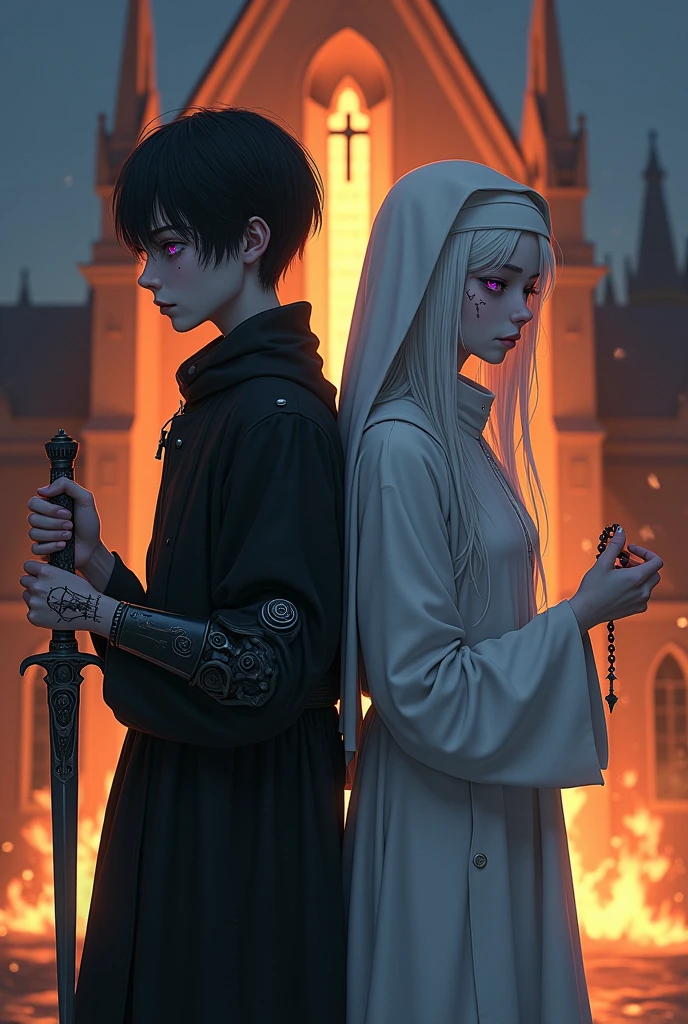 Two pale middle-aged pre-teens back to back with violet eyes, with the one on the left wearing dark alchemist clothes and the left arm with a steampunk technology prosthesis, holding a dagger with baphomet symbol, short black hair with a cut on the face, and the one on the right in white nun&#39;s clothes holding a rosary with closed eyes and long white hair with a church in flames behind , the night 