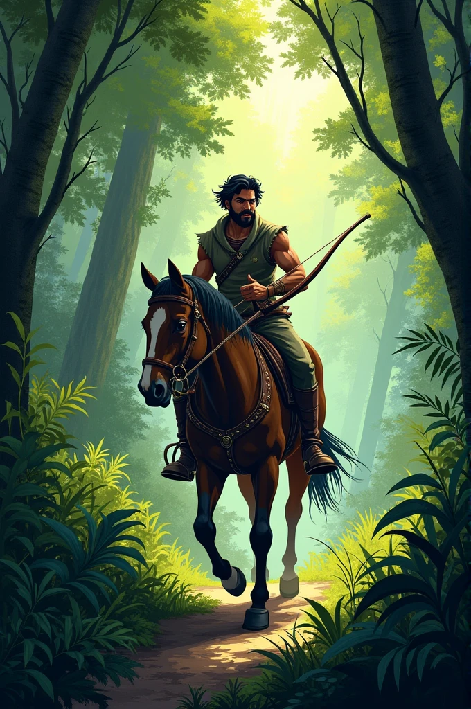 Amar Singh Hunting**: Illustrate Amar Singh on horseback, deep in a lush forest, with a bow and arrow, surrounded by the dense foliage of the jungle.