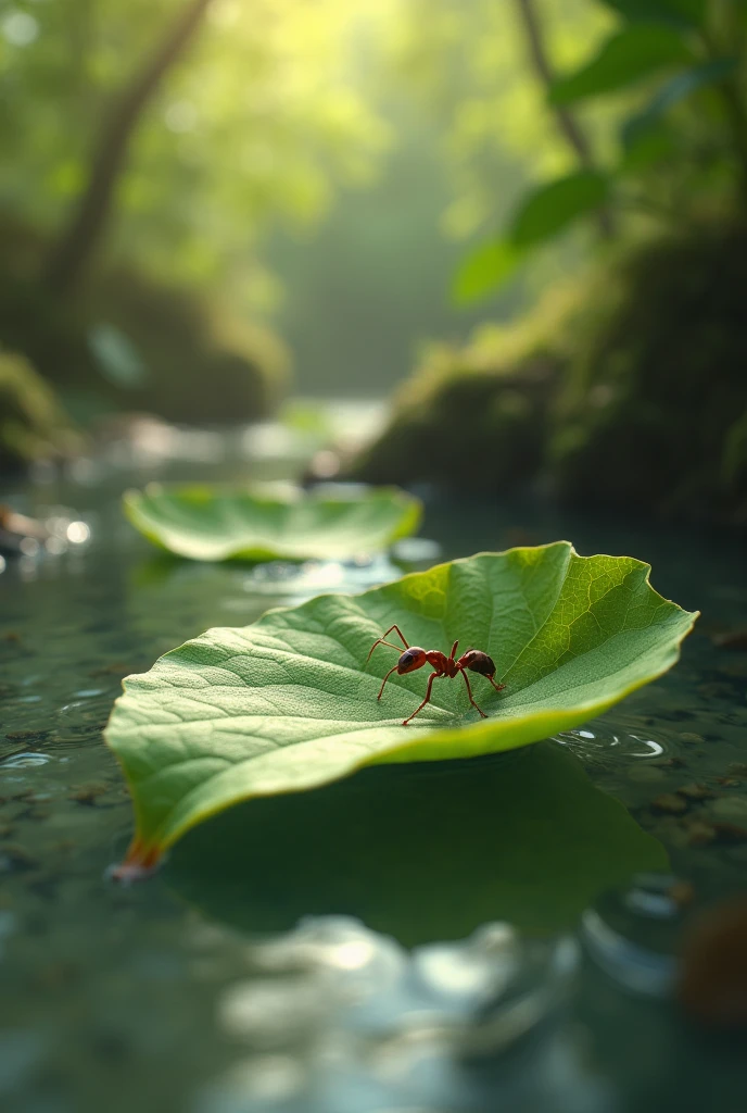 A tiny ant crossed a stream on a leaf so small,
Not fearing the rise, the dip, the fall.