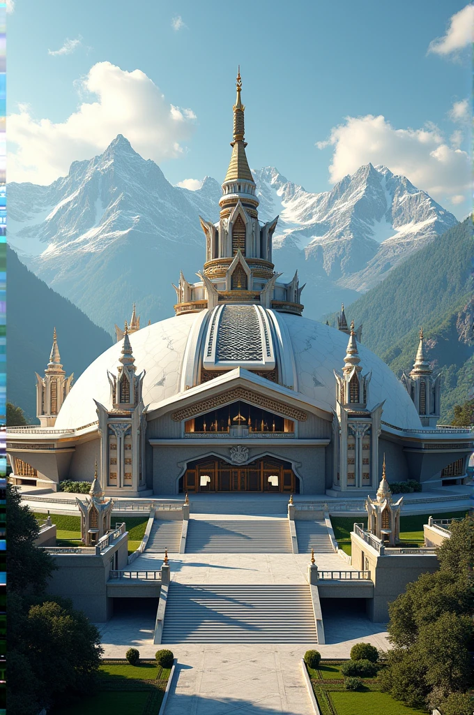 Generate a photo of a stadium based on Buddha and Nepal ,which quite look futuristic.