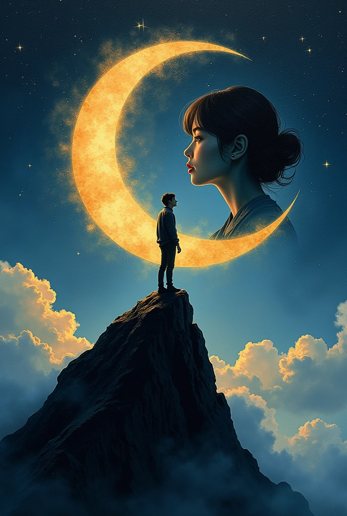 Prompt: A silhouette art of a young man standing on the peak of a dark mountain, with a dynamic pose as if reaching out to touch the crescent-shaped golden moon with the transparent face of a beautiful woman integrated into it, symbolizing double exposure technique and evoking melancholia. The scene combines oil on canvas and watercolor painting techniques, with a dark blue sky filled with stars, golden dust particles, and floating golden cherry blossom petals in the air, enhanced with more texture and brush strokes, mist or fog at the base of the mountain, and now with a more pronounced reflection of the moon in any nearby water to create a high-resolution, emotive visual narrative.