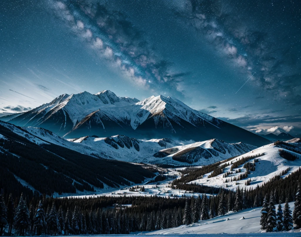 Star mountains and trees and rain dears and black and blue sky without any human