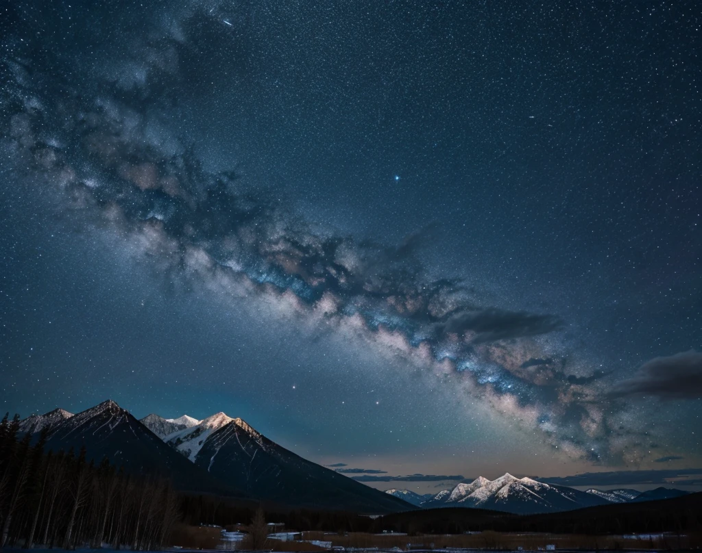 Star mountains and trees and rain dears and black and blue sky without any human 