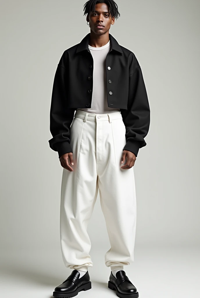A man wearing a black long sleeve crop top denim polo with open botton with a white fitted seethrough top inside and a white high waist baggy pants up until the shoe and a black big loafer shoes