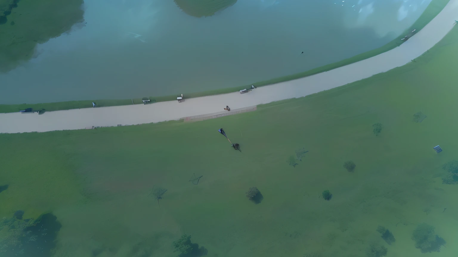 There is a man flying a kite on the grass., drone shot, drone footage, drone perspective, drone shot, shot from above para baixo, Drone view, shot from above, filmed from a drone, drone photography, flying towards the camera, looking at the camera, drone general plan, shot from 50 feet away, wide aerial shot