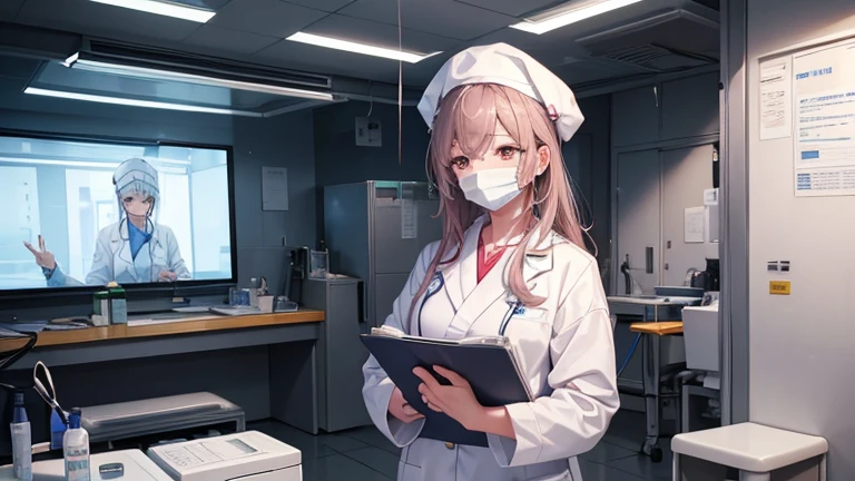 A female doctor in a white coat、Please draw an illustration of preparations being made in front of an operating theatre.。The female doctor wears a surgical cap and mask、A concentrated expression as he prepares for surgery。The background depicts an operating room door and disinfectant.。