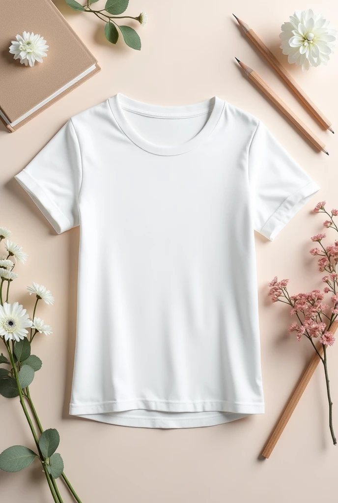 mockup of a white round neck baby look cotton women&#39;s shirt, books, pencils and flowers, T-shirt design template, t shirt printing presentation mockup.