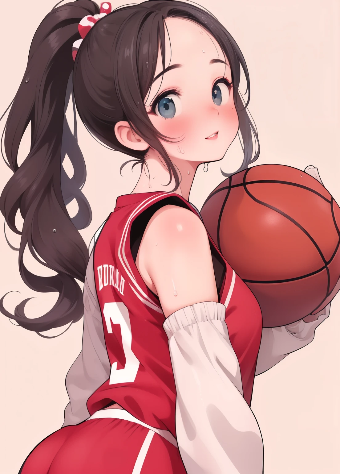 (masterpiece、Highest quality、Highest quality、Official Art、Beautiful and beautiful:1.2)、(One person:1.3)Hatsune Miku、Twin tails,Beautiful breasts, Katsushika Hokusai,(masterpiece,Highest quality,Ultra-high resolution),Japanese women, (((Two very beautiful people))), cute、Look at the photographer、 ((Beautiful low ponytail)), とってもcute顔, Glossy Lips, Double eyelids on both eyes,Natural smile、 Natural Makeup, Long eyelashes, Shiny and smooth hair、Center image, Perfect limbs, Perfect Anatomy,(((Basketball Uniforms)))、(((Looking Back)),Wet with sweat,