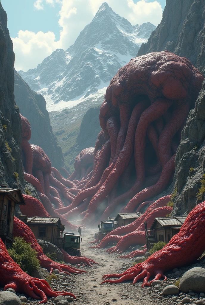 A village in the mountains, the ground has collapsed in the middle, giant tendrils and lumps made out of red human flesh emerge from it, engulfing a millitary convoy and a huge reptilian monster