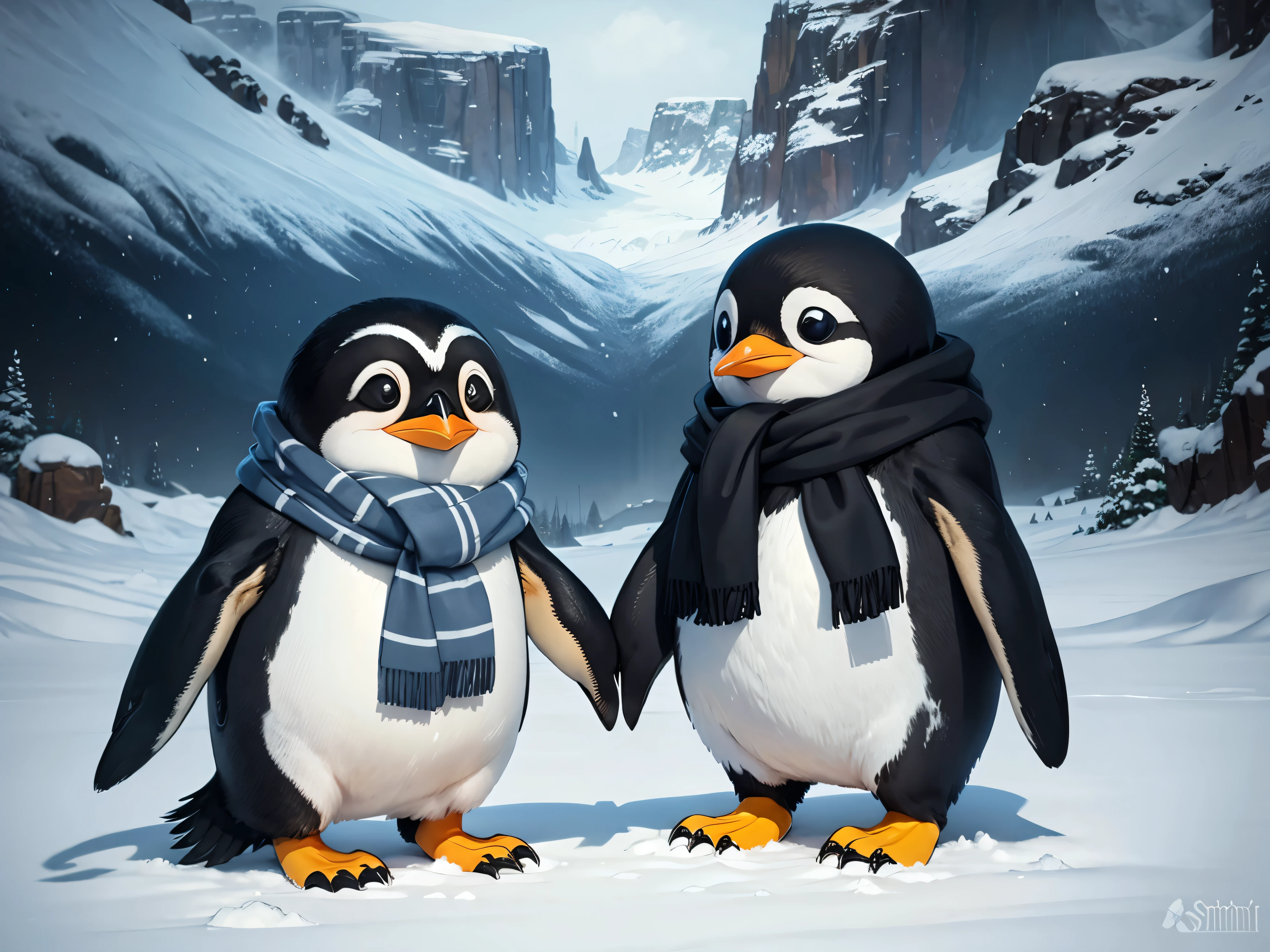 Penguin couple holding hands, scarf, cute penguin, male penguin, female penguin, bow, winter, ((chibi)), smi realistic, cute penguin, smiling