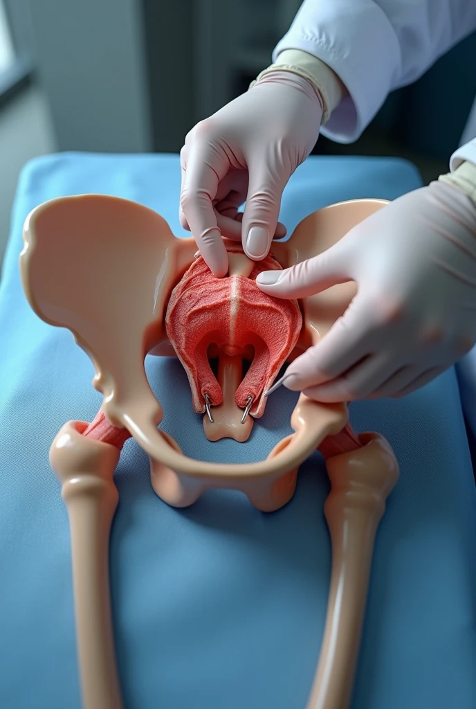 (Photorealism:1.2), draw a sagittal section of the male pelvis when a doctor in a glove performs correction of a displaced coccyx
