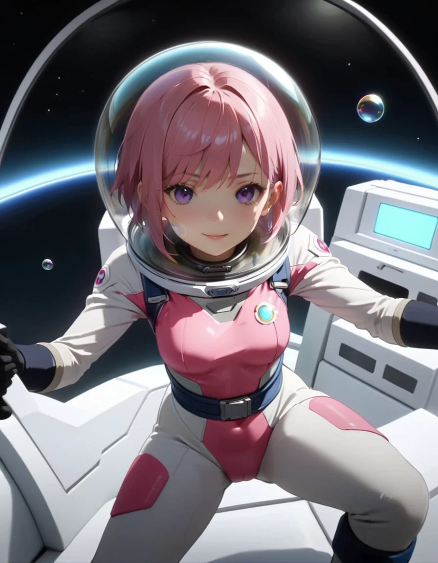 (Spacesuit:1.15), White Cargo Pants, Space Helmet , , Spacewalk, masterpiece, Highest quality, One person, alone, short hair, , , , Bodysuits,Gloss,, short hair, (Futuristic spaceship:1.6), , smile,Covered navel, short hair,Small breasts,From above, space helmet, bubble helmet,march 7th, honkai star rail