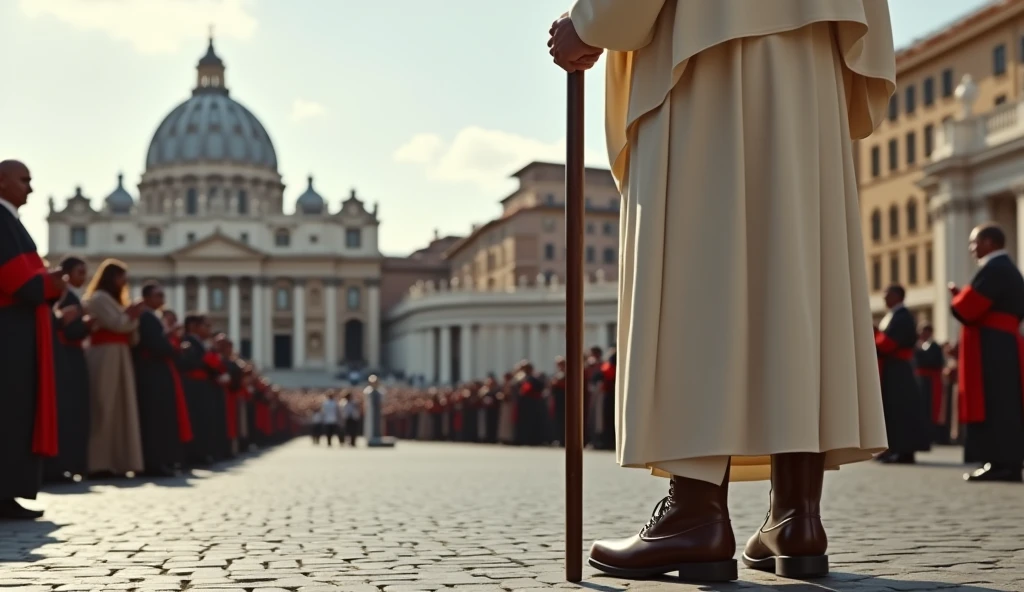 Scene set in St. Peter's Square in the Vatican. The focal point of this image is the Pope and the brown leather no laces boots that the Pope is wearing. The Pope wears a white robe with a mantle and holds a long papal staff. The backdrop is St. Peter's Square in the Vatican filled with pe/ople. The scene captures the moment of religious significance and the historical and artistic richness of St. Peter's Square. Ultrarealistic Ultrarealistic photo, 16k, ultra high resolution, photorealistic, Ultra HD