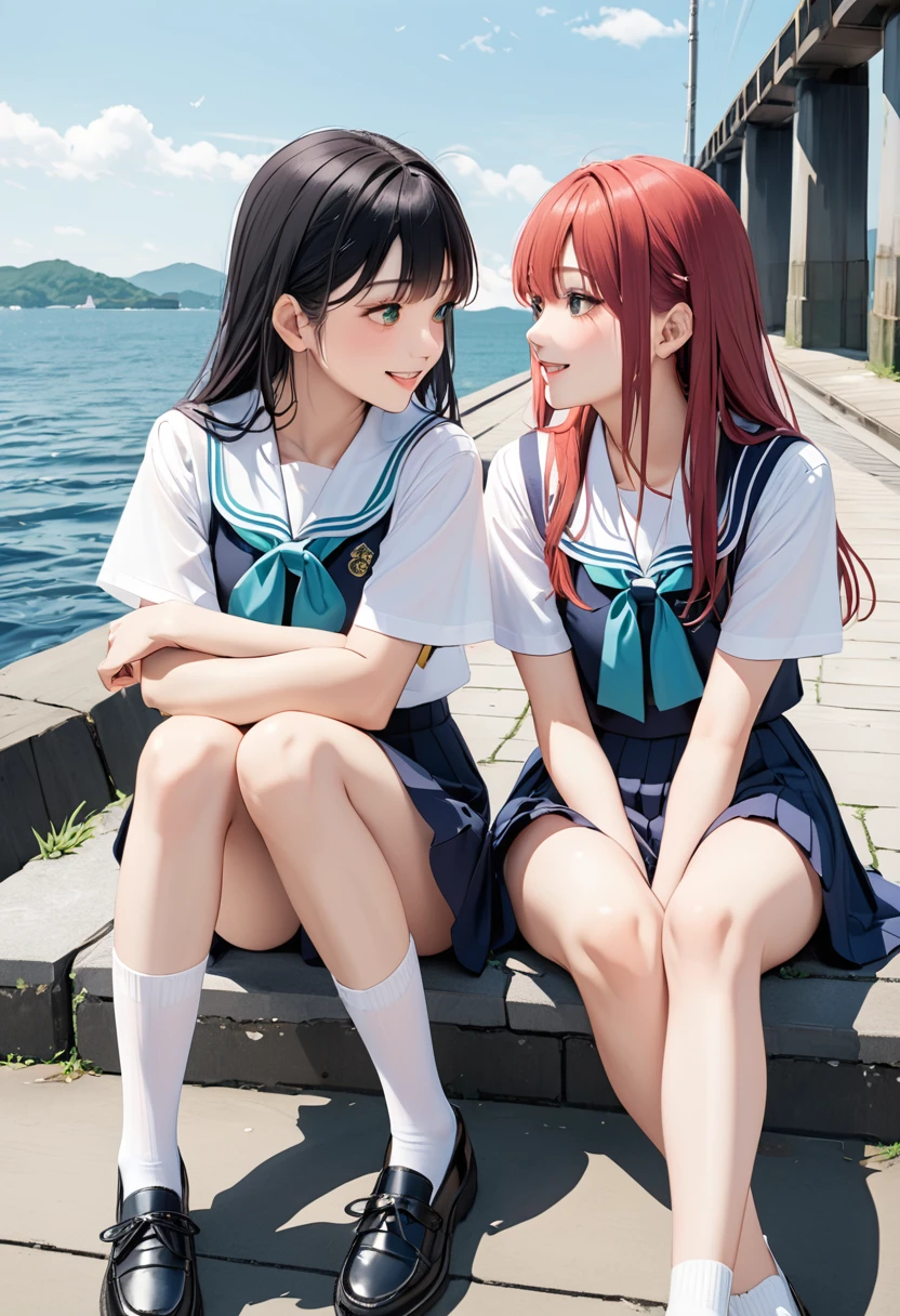 (masterpiece, best quality),Simple design,Two girls sitting opposite each other,A listless look,has Popsicles,White background,Breakwater,Summer in Japan,High School Uniform,15yo,look each other,smile,