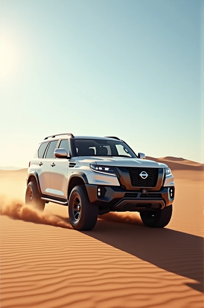 A 2024 Nissan Patrol, all white, driving in a desert 