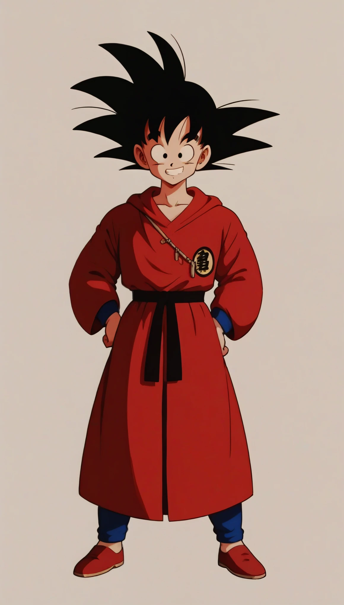 Son Goku, Old age, Black Hair, Iris, Spiked Hair, Jedi Robe, Hooded Robe, Red Robe, フードをsuffer, suffer, Hands on hips, smile, smiling, whole body,