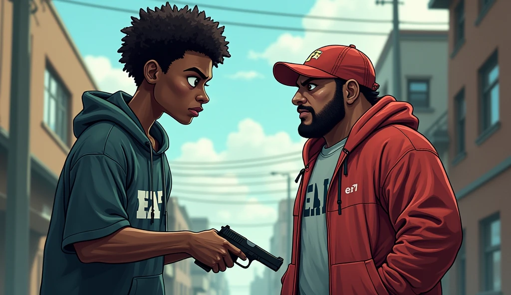 a dark-skinned person, with one eye higher than the other, street clothes,all brand EA7, Short afro hair threatening an obese person with a knife, normal clothing, wearing a jockey-style cap and missing one eye, while threatening him with a gun. both characters are about 30 years old and are imagined in a somewhat cartoonish way and are seen from the front