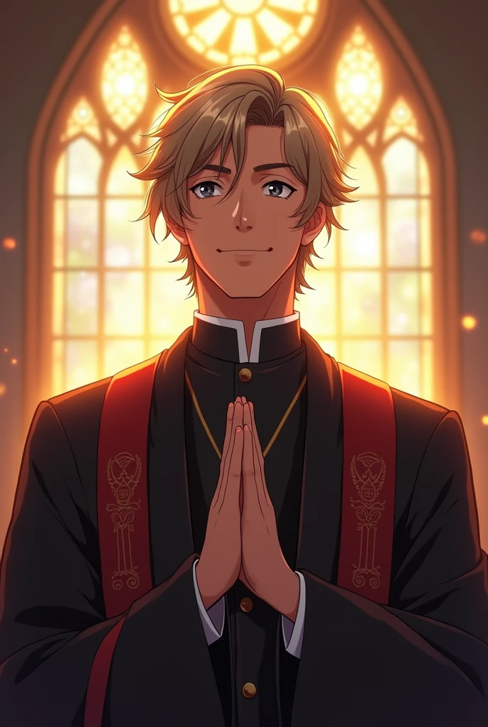 pastor anime man shaggy brown hair