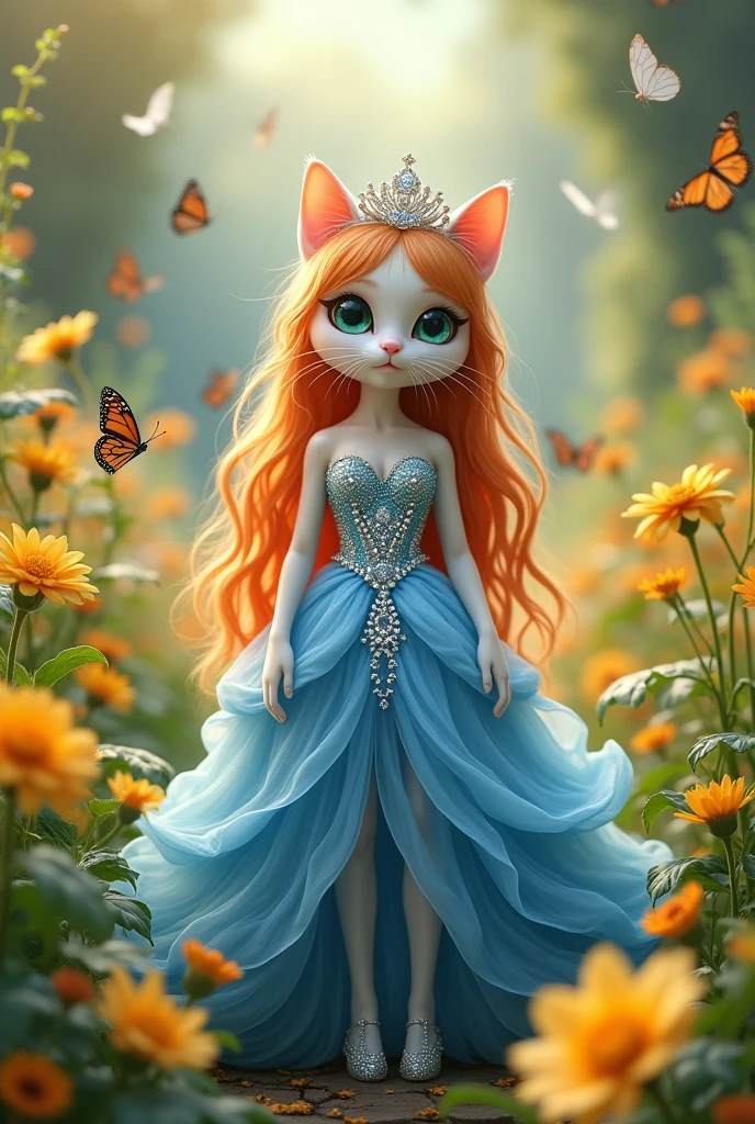 A white cat princess with orange hair, bangs, very long hair, beautiful face, tall, big eyes, very cute, wearing a blue princess dress, sparkling, long dress with beautiful diamonds, can see the whole body, wearing high heels, wearing a crown, in a very wide flower garden, her yellow flowers have a lot of butterflies flying.