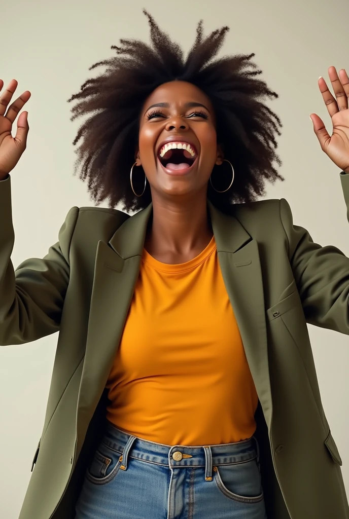 Happy black woman screaming with joy with arms showing