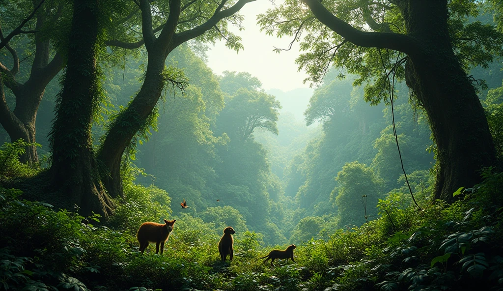 A pan shot of the Congo Forest would beautifully capture the dense and diverse tropical rainforest, showcasing its vast greenery, towering trees, and the rich ecosystem that thrives within it. The shot might include glimpses of wildlife such as colorful birds, monkeys, and perhaps the rare okapi, as well as the intricate web of plant life, from the forest floor to the canopy.