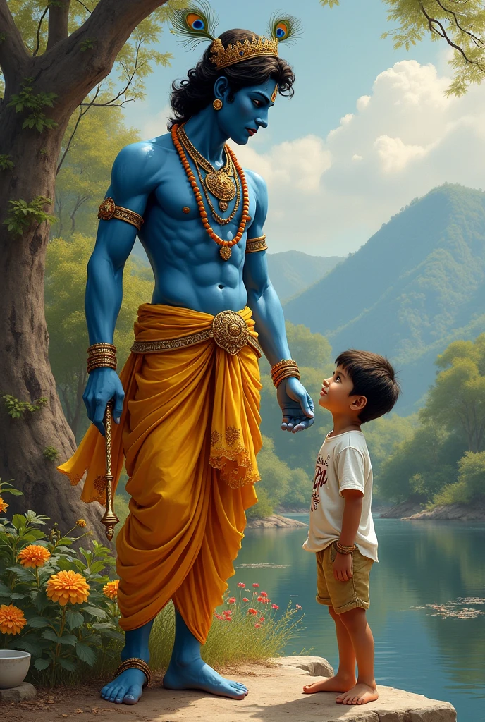 Krishna with boy Harsh vardhan choudhary name printed on his t shirt 
