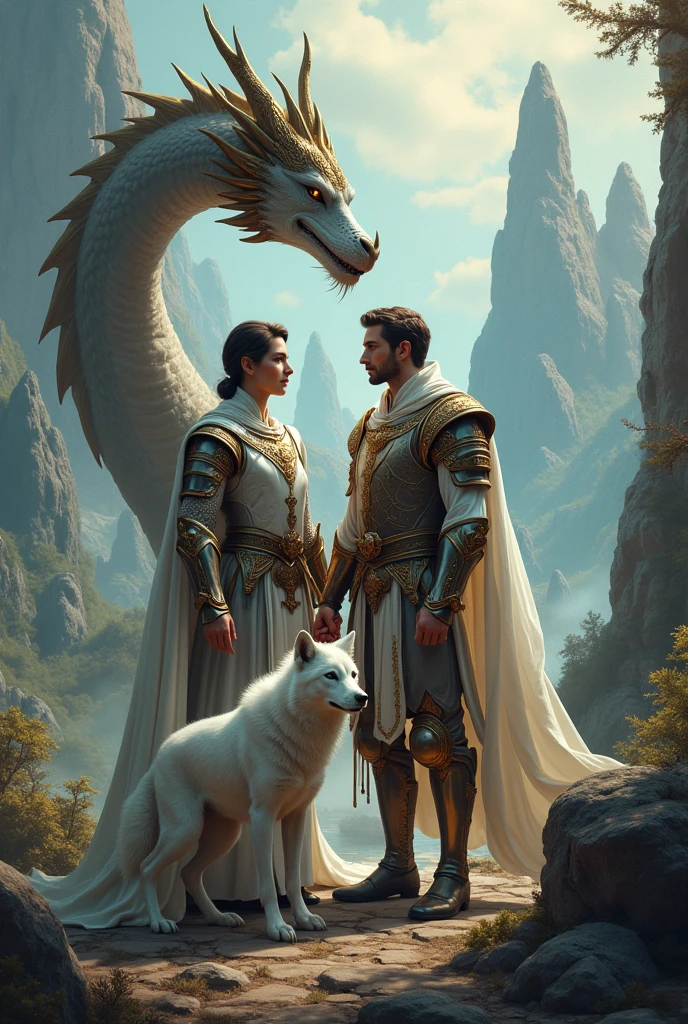 What would the image of a man who is a 2 prince who is protected by a dragon who is in love with his tall, strong knight who has a white wolf as a mascot and both are very muscular look like? .