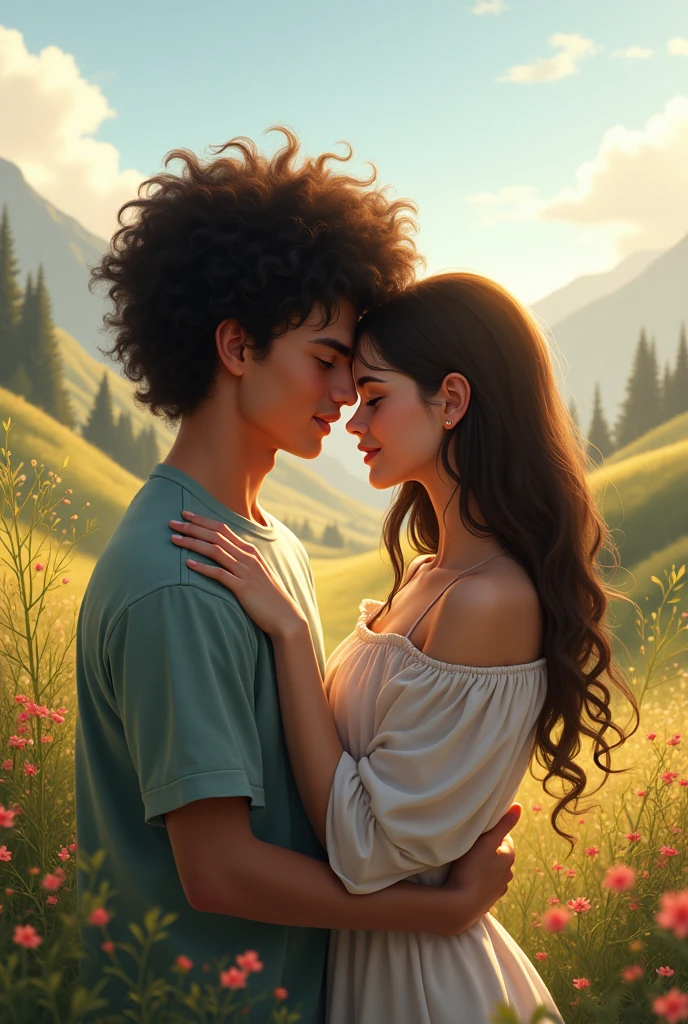 A couple embracing in a landscape, the one with black curly hair, the one with straight hair