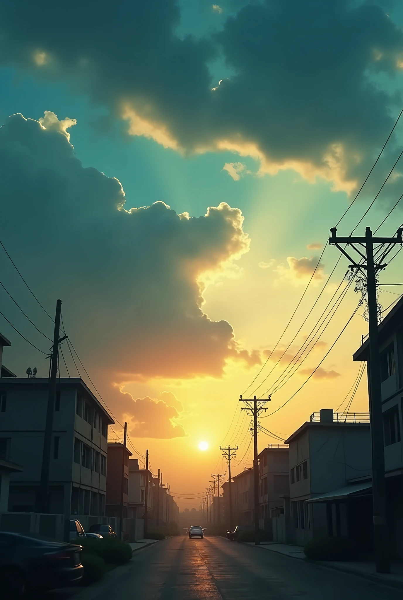 Cinematic Poster Background, drama series, dramatic sky, estate background, urban, sunset, blue, yellow split tone, Nigeria, Kano