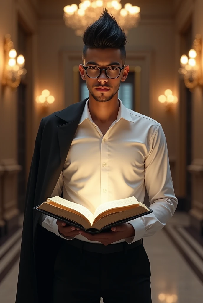 A young man with dark hair, black hair, shaved, wearing a suit, his hair is short at the bottom and medium at the top, unnatural, wearing glasses, his head is elongated, and at the bottom he has an angular jaw, his height is 170 cm, his weight is 52 kg, he wears a white shirt and black pants, and he puts a black suit on his shoulder, he has Arab-African features, and he does not have a beard or moustache, he is 20 years old, standing in the middle of an upscale hall, holding an open book from which the word "Burwaj Kharam" comes out, and he is smiling