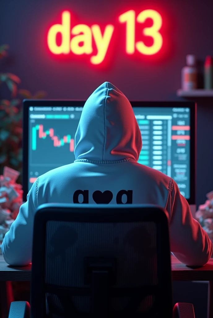 Create a 3d image of a man sitting in trading room on money and working on trading application on his pc the boy face not visible must white hoodie and his name "G ♡ G" written on the hoodie. Pic from back side pc monitor visible.
And wall up side corner "Day 13" written on red neon light. Imege size 9:16 hd