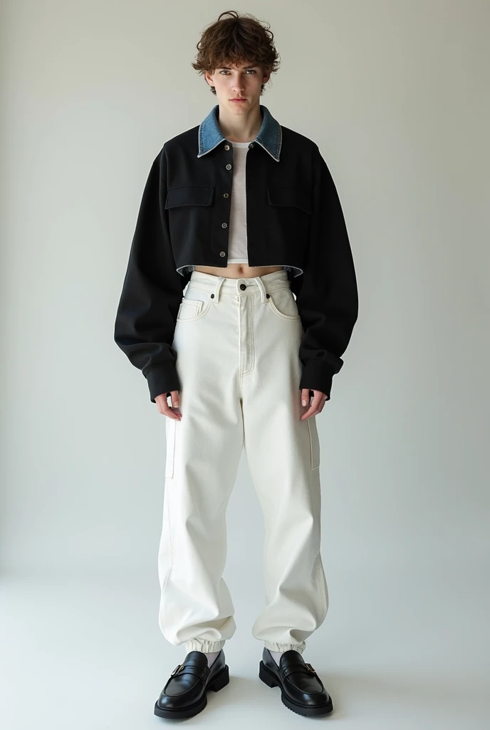 A man wearing a black long sleeve crop top denim polo with open botton with a white fitted seethrough top inside and a white denim high waist baggy pants up until the shoe and a black big loafer shoes