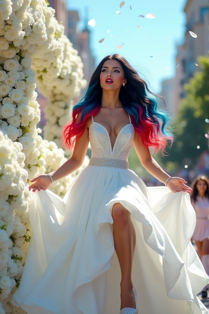 8k full view a tan skin Spanish woman with extra long beautiful Italian American woman, blue eyes, long black and red ombre hair with blue highlights, riding on a float in the parade with white flowers, white confetti coming down, couple of swan ornaments on the float  wearing a long white dress with a high slit up the thigh, white glittery ribbon white sparkly shoes