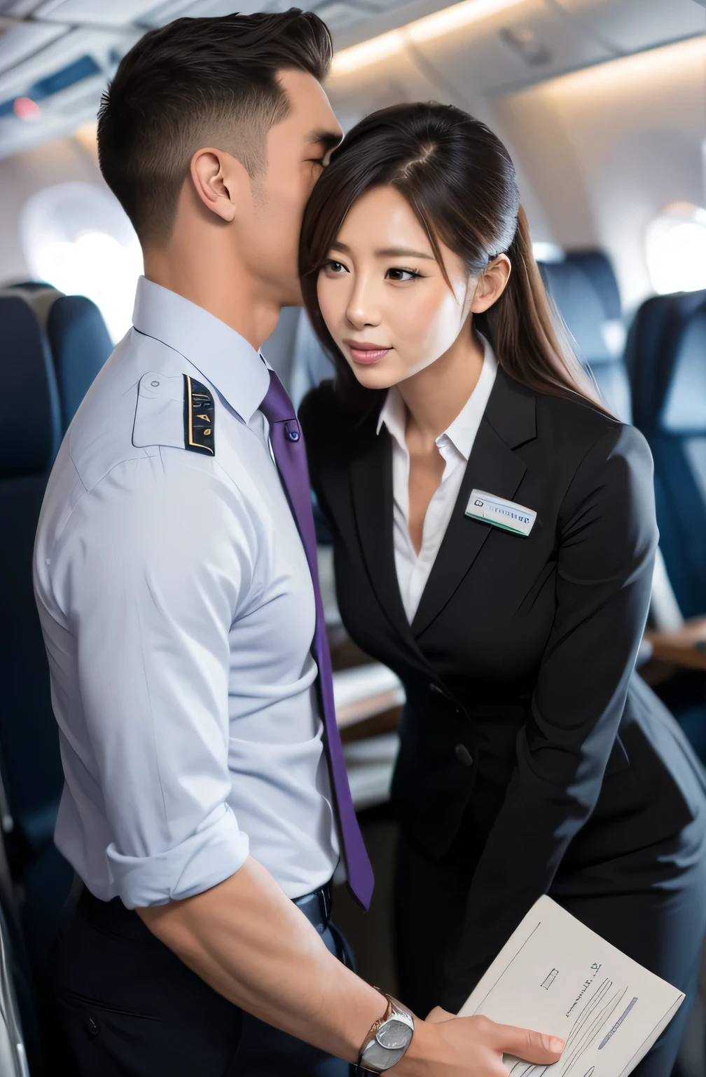 A female flight attendant grabs a man&#39;s crotch and looks at it、Around 30 and long face、blush、Seduce、High definition、Depth of written boundary、Adult face、Long face、Half-open eyes、blank stare、Troubled expression