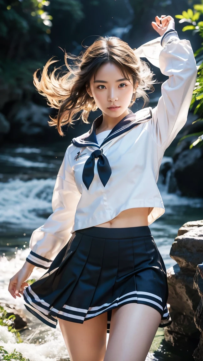 (Ultra HD, Highest quality, High resolution, Surreal, so beautiful), 24000dpi, (Holding the Japan sword, Bidirectional, Electric shock), Charge Move, Special Move Stance, All-in-one, dance, Beautiful woman, Long Tail, Well-formed eyes, greatest visual acuity, 1, Fascinating, Totally American, Perfect body, Physical Beauty, (Sailor suit, mini skirt),whole body