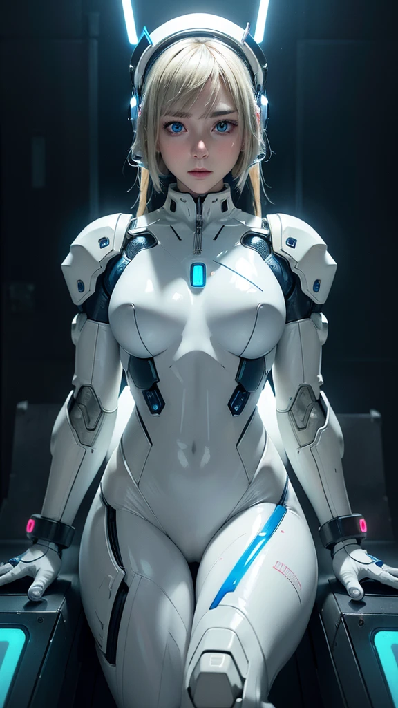 mech nurse head cap,blonde hair,realistic and intricate perfect beauty face,small breast,flat chest,perfect sharp blue glowing eyes, detailed face,((in realistic neon-lit sci-fi white plugsuit metal mech parts and with neon-lit lights)), sit a silver box,masterpiece,front face,