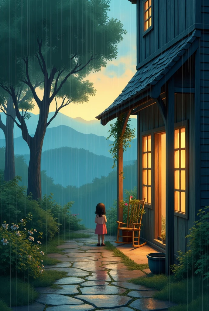 A cozy porch in the dawn, rainy, studio ghibli