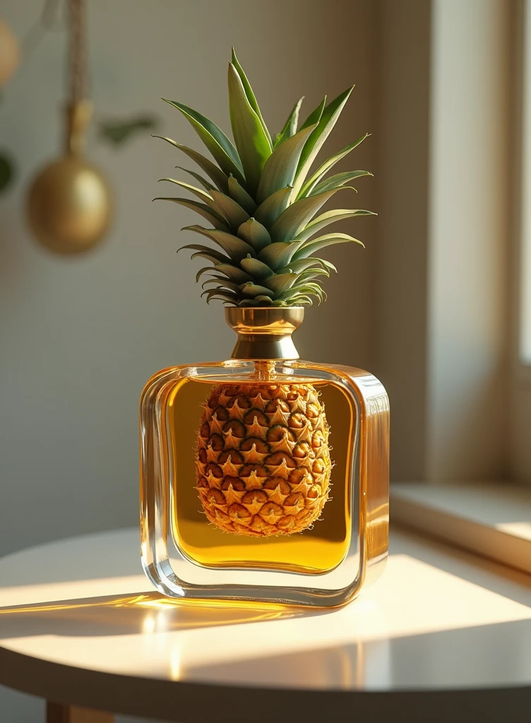 On the table, a perfume bottle with a pineapple inside 