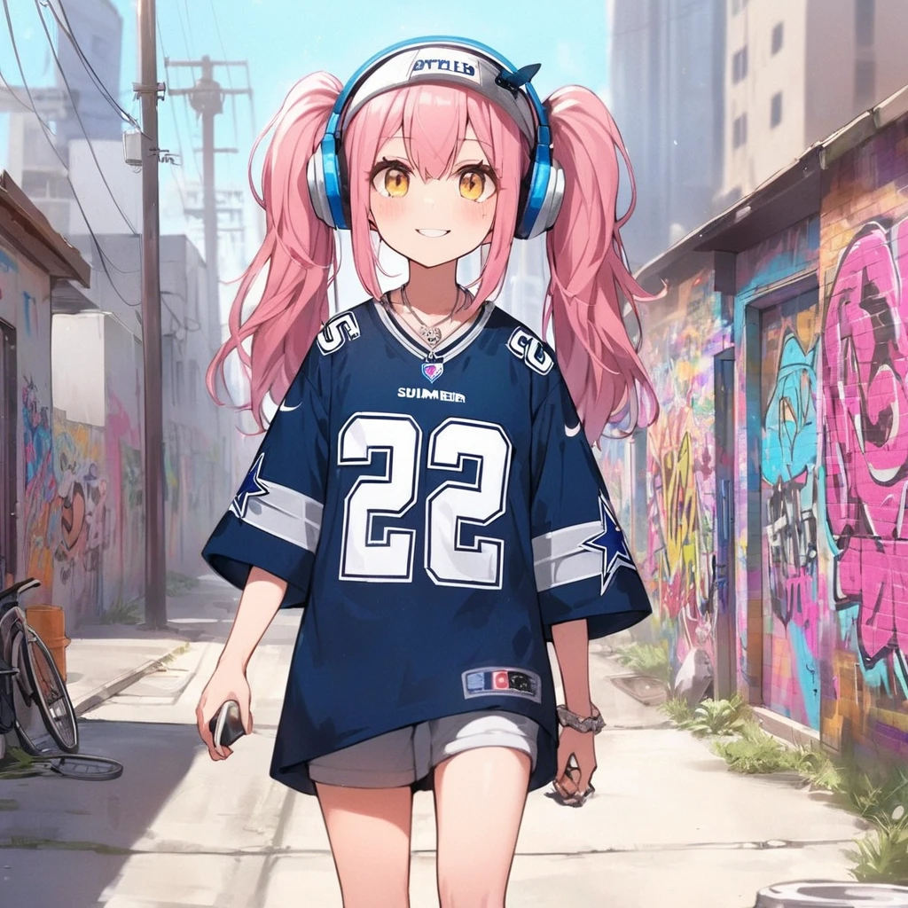 an anime image of a girl dressed a oversized NFL jersey , walking, hiphop fashion , 1girl, animal ears, solo, cat ears, smile, heart, yellow eyes, virtual youtuber, looking at viewer, headphones, grey hair , street, Dallas Cowboys , summer ,drawing on the back alley wall ,in many other graffiti art, going over, graffiti type ,straight letter,master piece,