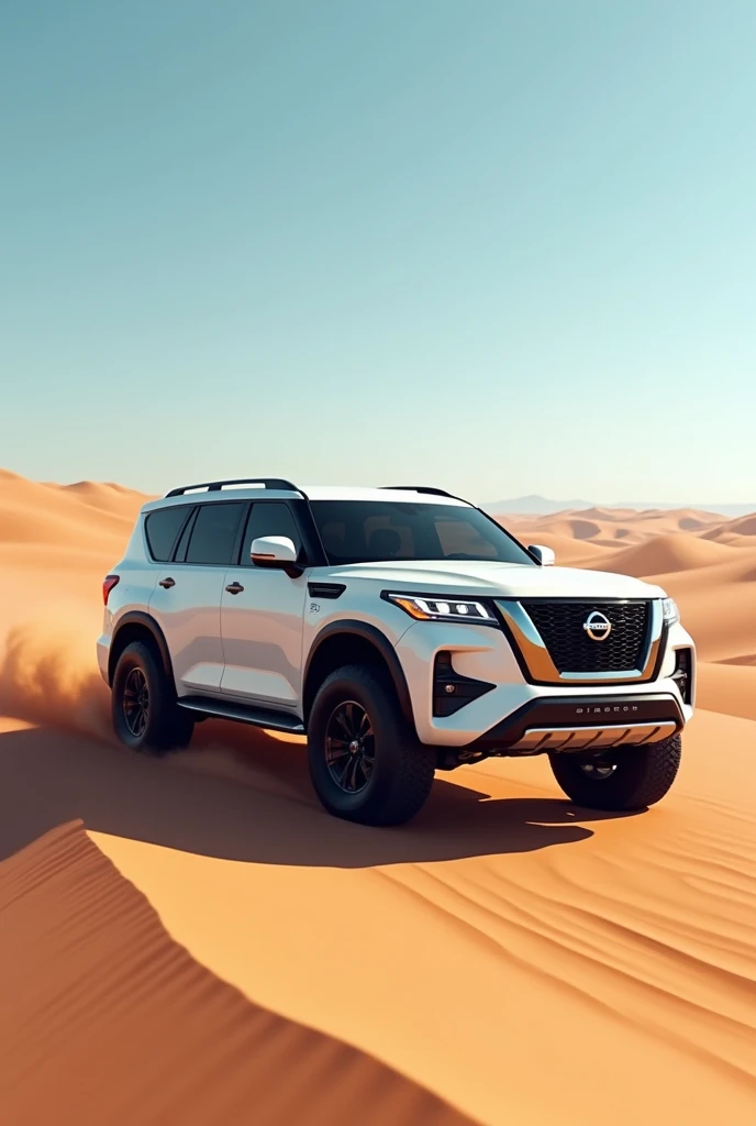 A 2024 Nissan Patrol, all white, driving in a desert