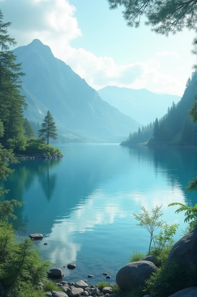 Beautiful place on the edge of a blue and clear lake, morning mood,cloudy,there is a mountain at the end of the lake