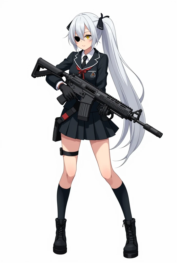 Medium-height anime girl, long white ponytail tail hair, yellow eye, holding a futuristic assault rifle, wearing a black school uniform, long black socks, black eye patch, tactical gloves, tactical boots. Manga art style with white background