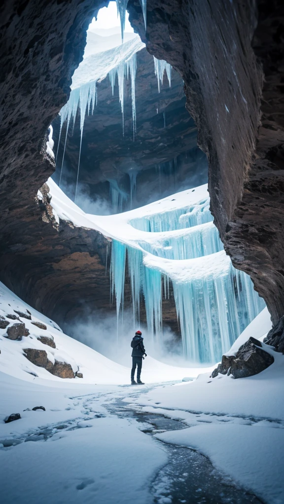 In front view of frozen cave、A man stands in the middle, Icy, Surreal frozen landscape, Icy mountains, in an Icy cavern, Complex and epic composition, Amazingly spectacular footage, Very beautiful、Fantasy, Frozen waterfall, Breathtaking alien landscapes, Icy cold pale silent atmosphere, Ice cave, Magnificent and wonderful, Entrance to the spirit world, Icy landscape、