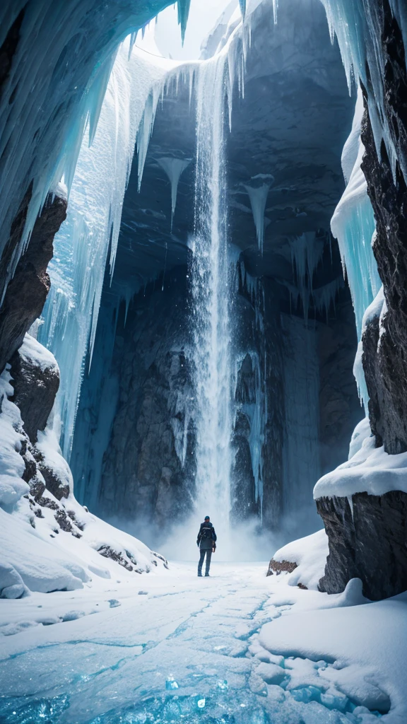 In front view of frozen cave、A man stands in the middle, Icy, Surreal frozen landscape, Icy mountains, in an Icy cavern, Complex and epic composition, Amazingly spectacular footage, Very beautiful、Fantasy, Frozen waterfall, Breathtaking alien landscapes, Icy cold pale silent atmosphere, Ice cave, Magnificent and wonderful, Entrance to the spirit world, Icy landscape、