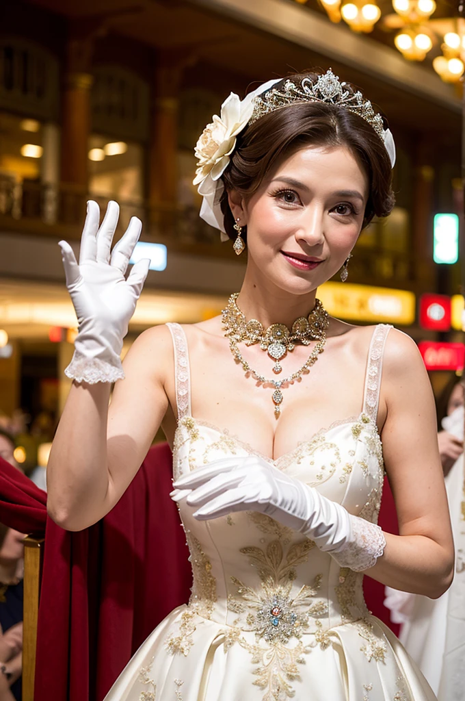 ((Masterpiece)), ((Best Quality)), A middle-aged short-hair woman, ((She is wearing an ornamental wedding dress)), She is wearing gloves on her hands., outdoor, She is in a shopping mall. She is wearing a big necklace,
