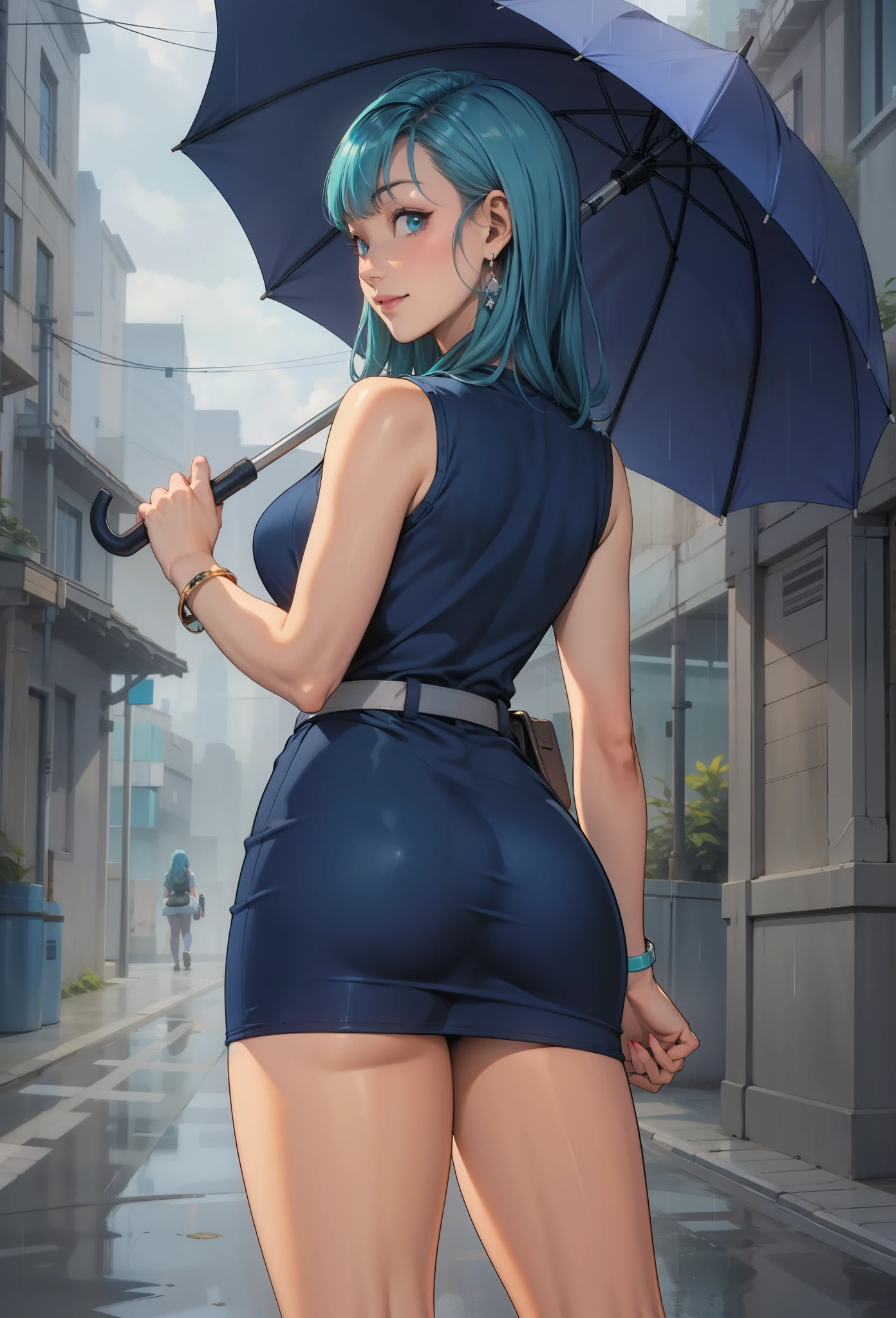 perfect eyes:1.2, detailed eyes:1.4, smile, blmlong, aqua hair, blue eyes, holding a umbrella, aged_up, bracelet, blue dress, fringe trim, bangs, dress, earrings, sleeveless, belt, sleeveless dress, short dress, wristwatch, clothes writing, white belt, fanny pack, looking at viewer, cowboy shot, ass, from behind, rain, dark sky, looking at viewer, cowboy shot, ass, from behind, forest, cowboy shot, 1girl, solo, (masterpiece:1.6, best quality), 8k, insane details, intricate details, hyperdetailed, hyper quality, high detail, ultra detailed, professional, HDR, ray tracing reflection, cinematic lighting,