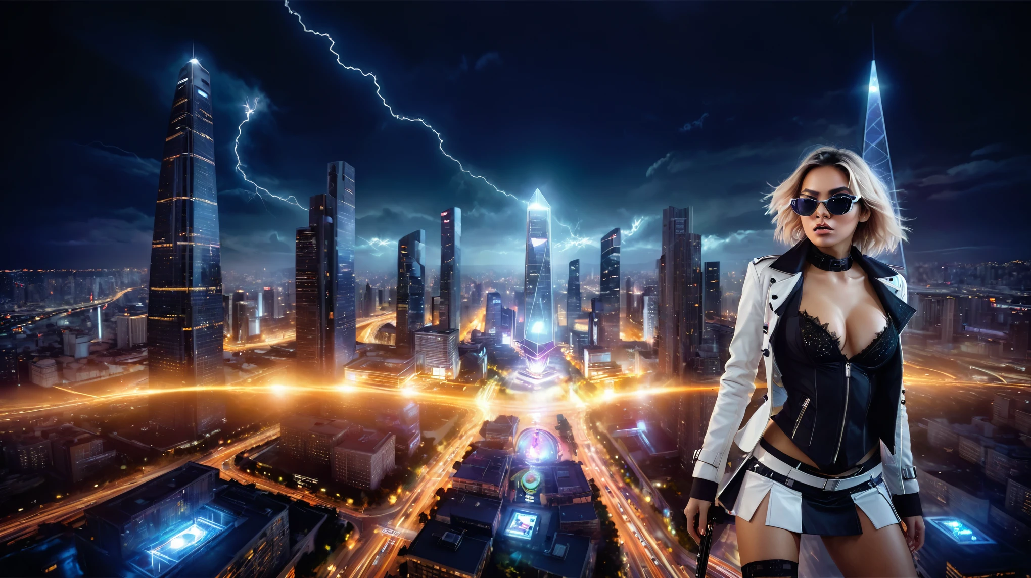 At night, dark sky, aerial view of futuristic sci-fi cyberpunk city, skyscrapers, flying vehicle, (vortex-spirit-spreading giant hologram pyramid-like clock tower as time machine), lightning, high quality. Matrix style, at night, (1girl, solo, alone), photorealistic, medium-breast slim:0.6 body, oval:0.5 face, cleavage:1.1, sexy black laced bra, low angle view of miniskirt, white laced panty, coat, (black micro sunglasses), (holding a short gun), (slightly leaning forward running pose), ((half-body thigh level medium shot)), cinematic lighting, ray tracing, zoom blur background.