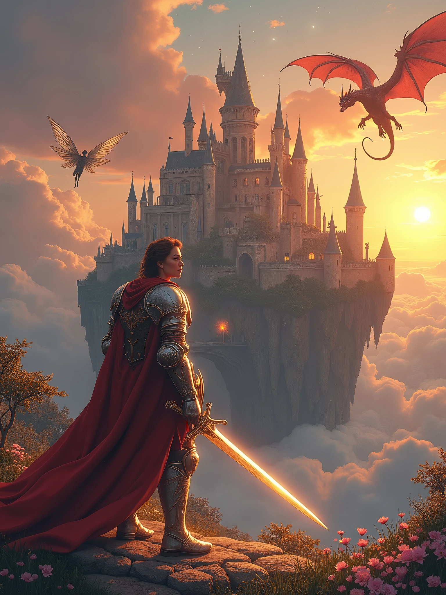 Imagine a medieval castle floating amidst the clouds, surrounded by majestic dragons and delicate fairies flitting about. As the sun sets, the sky transforms into a kaleidoscope of orange and pink hues. In the foreground, a heroic knight stands proudly, clad in radiant armor adorned with silver and gold details, a raised visor on his helmet, and a blue cloak emblazoned with a dragon emblem. His armor reflects the warm light of the setting sun, casting a soft glow. He wields a magical sword with a luminous blade and a hilt decorated with precious stones, alongside a shield bearing the dragon emblem. The knight's expression is determined and heroic, with piercing blue eyes and chestnut hair falling across his face. He stands tall, exuding confidence and authority, with a strong jawline and a well-groomed beard. The scene is set against a backdrop of towering castle spires, fortified walls, and a lowered drawbridge connecting the castle to the clouds. The castle's gardens are suspended in mid-air, featuring vibrant flowers and crystal-like trees with leaves that softly glow. Above, the sky is dotted with bright stars and a crescent moon, its soft aura illuminating the magical atmosphere. A 15-meter-long dragon of fire soars around the castle, its red and orange scales glistening, eyes blazing like embers, and wings that seem to be made of fire, leaving trails of smoke and flames. The dragon possesses resistance to fire, immense strength and speed, intelligence, elemental magic, and defensive capabilities. Nearby, a wise old mage with a long white beard and a pointed hat stands on the castle wall, advising the knight while performing magical rituals. Fairies with transparent wings and flower-petal garments flutter around, playing with the dragon and possessing the abilities to heal, create illusions, control time, and transform into other animals. The lighting is soft and golden, with the setting sun casting long shadows and realistic details, enhancing the magical and epic ambiance. Infinity"