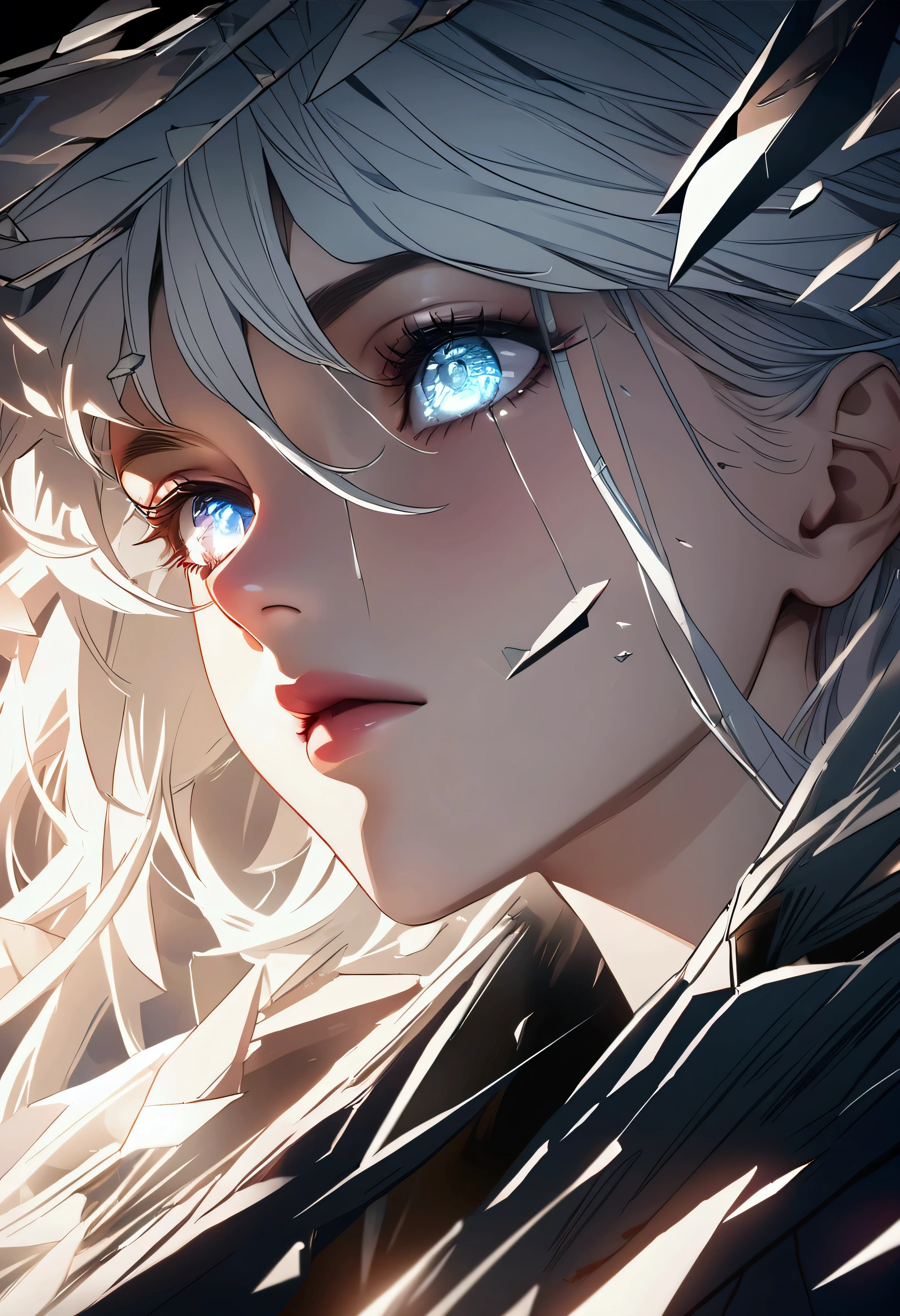 Diamond eyes, dark fantasy, white hair, broken glass shards, focus shards, glitchy, line art, manga art, high contras, motion blur, dynamic lighting, close-up, UHD, high quality, anime, realistic