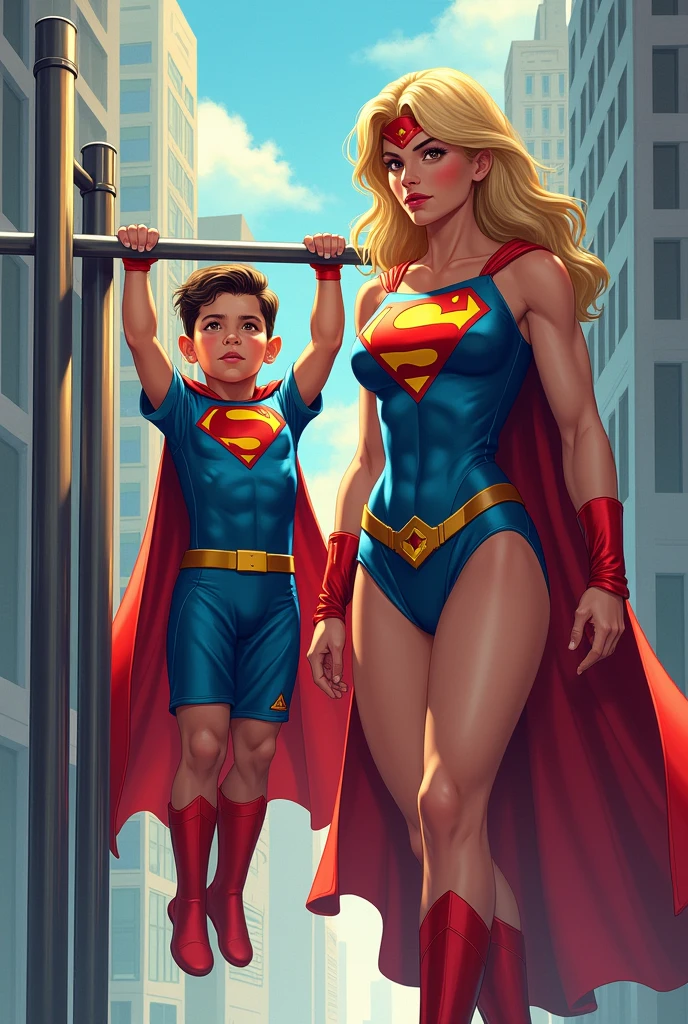 Superkid doing pull ups with super woman